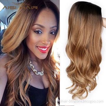 Aisi Hair Ombre Brown Synthetic Long Wavy Wigs Middle Part Dark Roots Body Wavy Wigs for Black Women